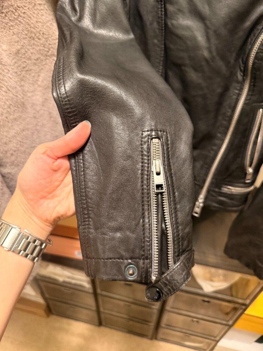 AllSaints Cargo Distressed Leather Biker Jacket - Picture 7 of 8